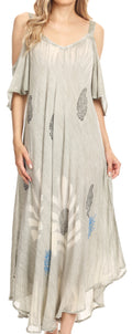 Sakkas Renata Women's Cold Shoulder Maxi Caftan Dress Sundress Flare Stonewashed#color_Stone