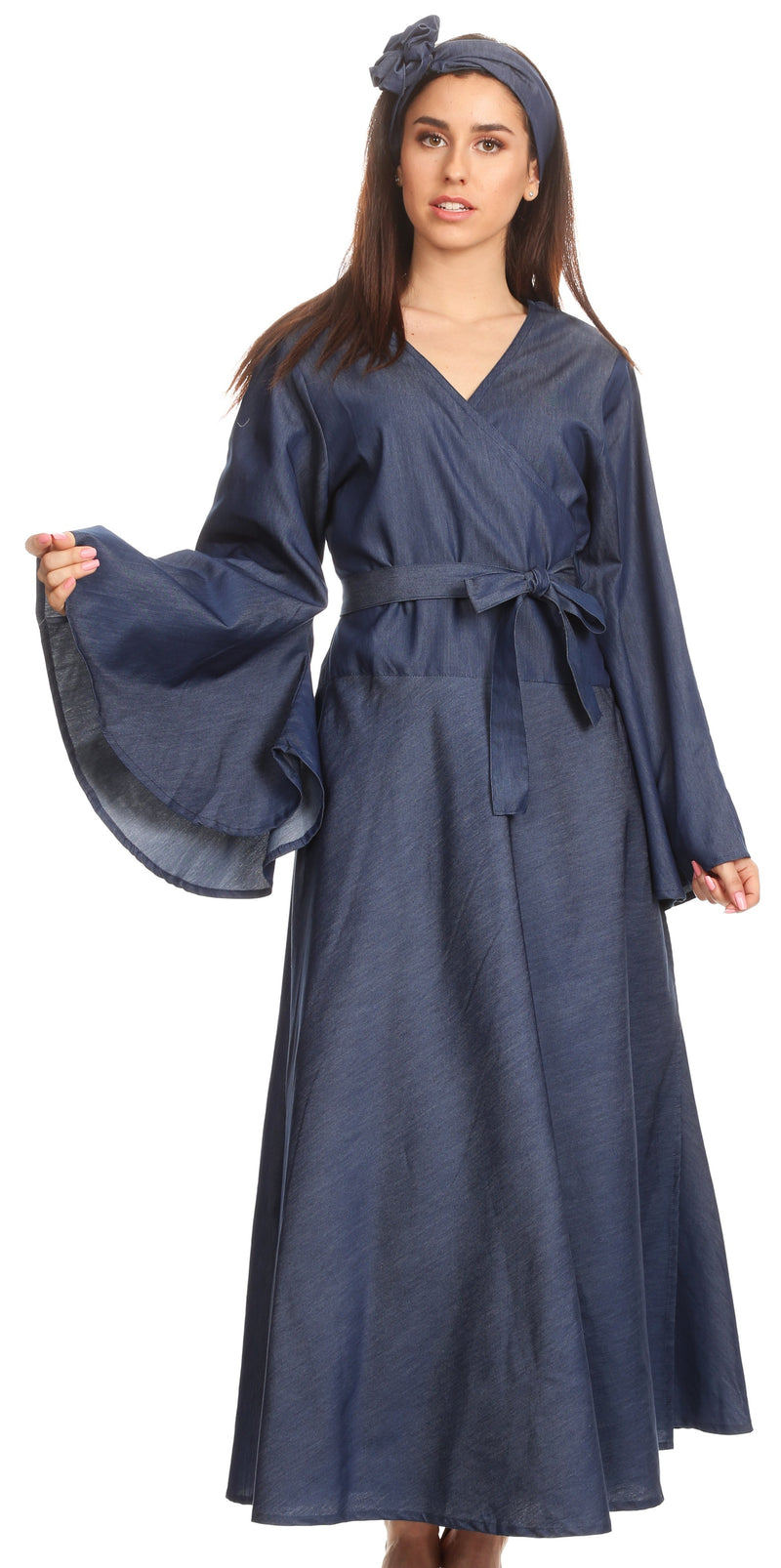 Sakkas Ximena  Long Wrap Around Bell Sleeve Chambray Full Circle Dress Casual