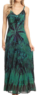 Sakkas Adela Women's Tie Dye Embroidered Adjustable Spaghetti Straps Long Dress#color_Green