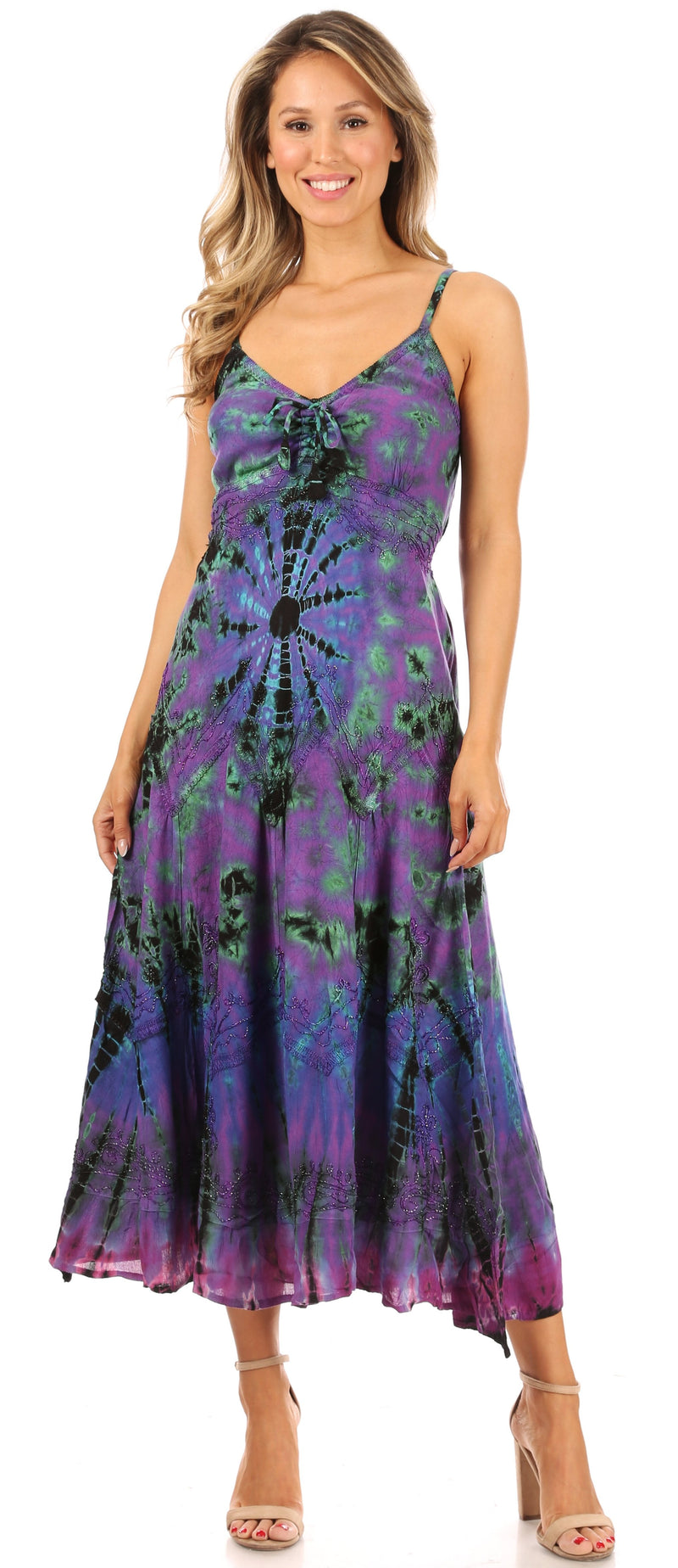Sakkas Adela Women's Tie Dye Embroidered Adjustable Spaghetti Straps Long Dress