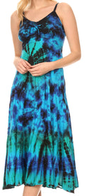 Sakkas Adela Women's Tie Dye Embroidered Adjustable Spaghetti Straps Long Dress#color_Turquoise