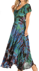 Sakkas Lia Short Sleeve Peasant Maxi Corset Tie-dye Dress with Embroidery Runs Big