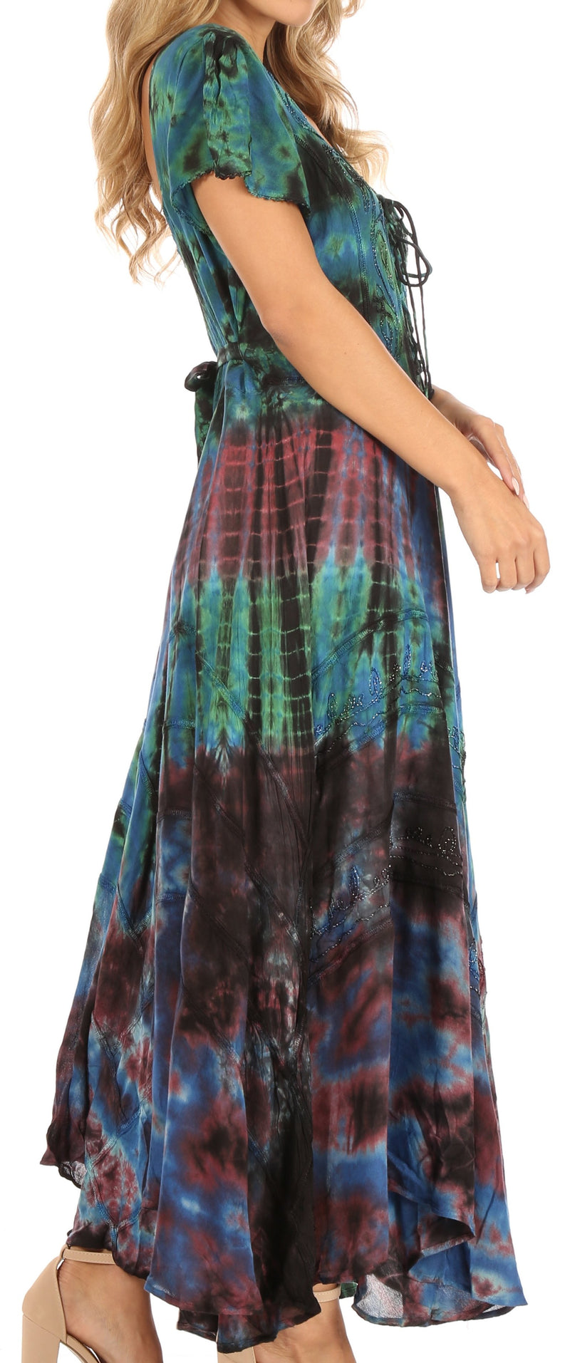 Sakkas Lia Short Sleeve Peasant Maxi Corset Tie-dye Dress with Embroidery Runs Big