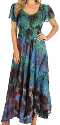 Sakkas Lia Short Sleeve Peasant Maxi Corset Tie-dye Dress with Embroidery Runs Big#color_Blue