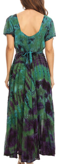Sakkas Lia Short Sleeve Peasant Maxi Corset Tie-dye Dress with Embroidery Runs Big