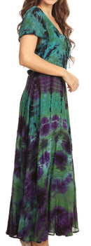 Sakkas Lia Short Sleeve Peasant Maxi Corset Tie-dye Dress with Embroidery Runs Big