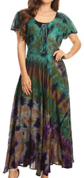 Sakkas Lia Short Sleeve Peasant Maxi Corset Tie-dye Dress with Embroidery Runs Big#color_Olive