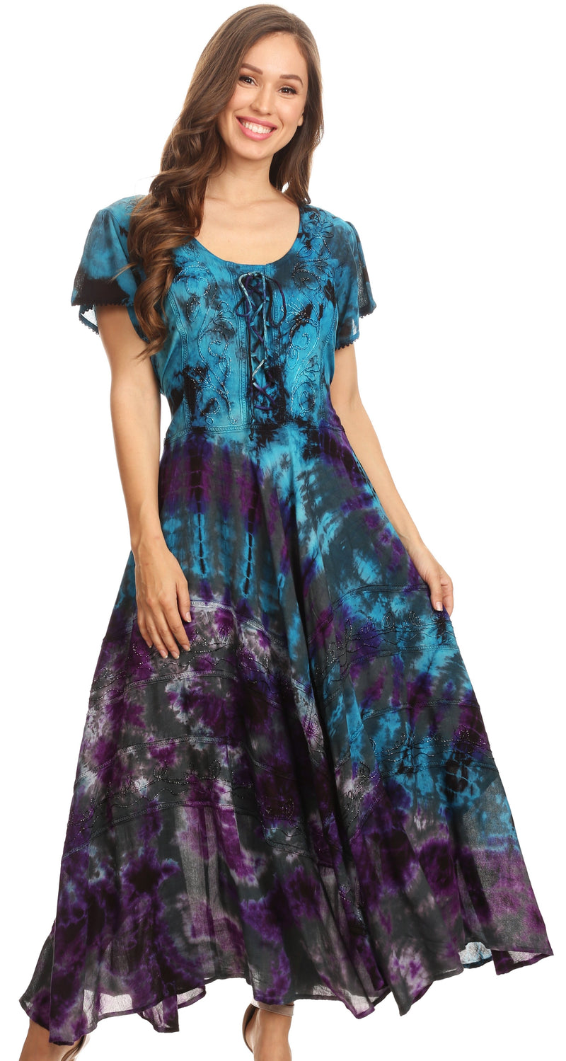 Sakkas Lia Short Sleeve Peasant Maxi Corset Tie-dye Dress with Embroidery Runs Big