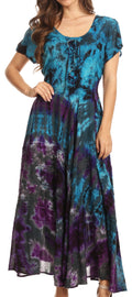 Sakkas Lia Short Sleeve Peasant Maxi Corset Tie-dye Dress with Embroidery Runs Big#color_Teal