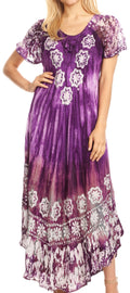 Sakkas Sofia Women's Flowy Summer Maxi Beach Dress Tie-dye w/Batik & Short Sleeves#color_Purple 