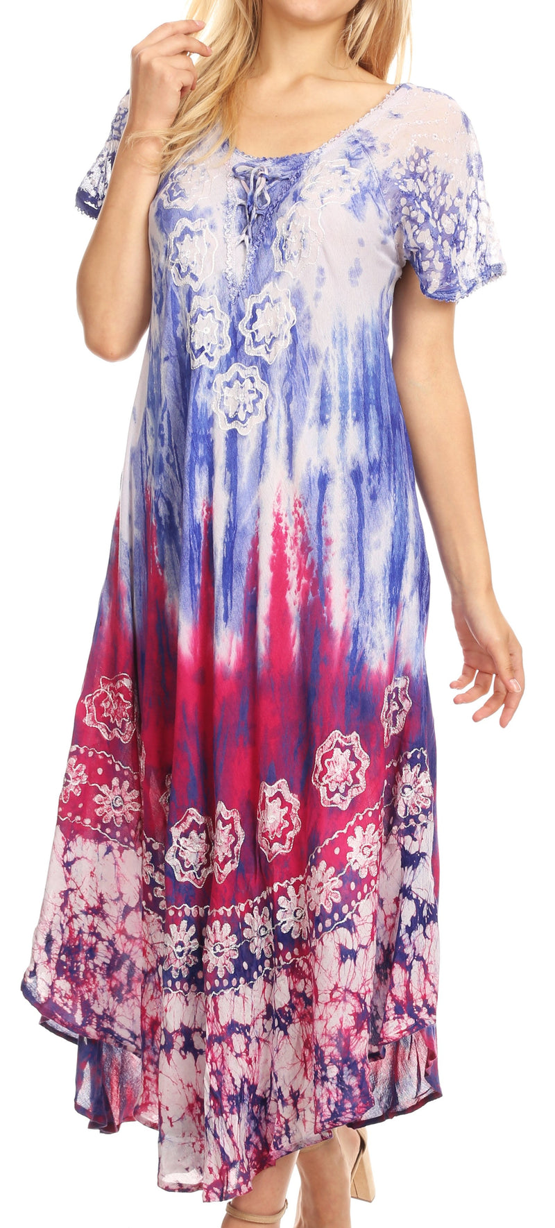 Sakkas Sofia Women's Flowy Summer Maxi Beach Dress Tie-dye w/Batik & Short Sleeves