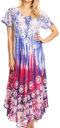 Sakkas Sofia Women's Flowy Summer Maxi Beach Dress Tie-dye w/Batik & Short Sleeves#color_RoyalBlue