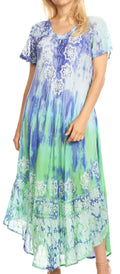 Sakkas Sofia Women's Flowy Summer Maxi Beach Dress Tie-dye w/Batik & Short Sleeves#color_Royal Blue / Turquoise 