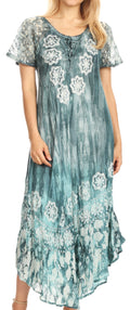 Sakkas Sofia Women's Flowy Summer Maxi Beach Dress Tie-dye w/Batik & Short Sleeves#color_SkyGrey