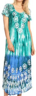 Sakkas Sofia Women's Flowy Summer Maxi Beach Dress Tie-dye w/Batik & Short Sleeves#color_Teal 