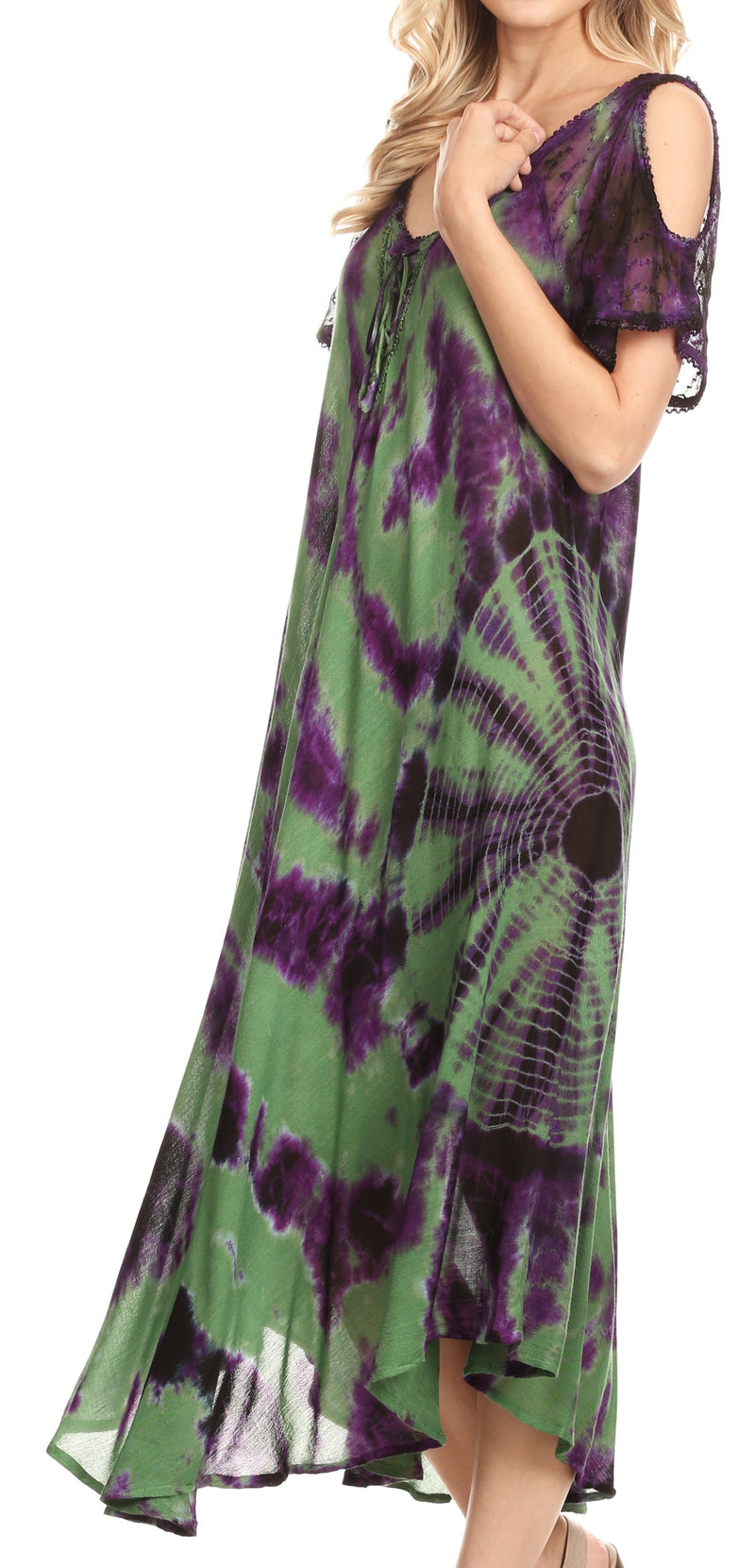 Sakkas Ada Women Cold Shoulder Caftan Relax Long Maxi Dress on Tie-dye with Corset