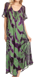 Sakkas Ada Women Cold Shoulder Caftan Relax Long Maxi Dress on Tie-dye with Corset#color_Green