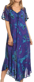 Sakkas Ada Women Cold Shoulder Caftan Relax Long Maxi Dress on Tie-dye with Corset#color_Purple