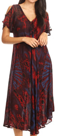 Sakkas Ada Women Cold Shoulder Caftan Relax Long Maxi Dress on Tie-dye with Corset#color_Red