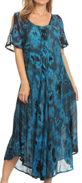 Sakkas Ada Women Cold Shoulder Caftan Relax Long Maxi Dress on Tie-dye with Corset#color_Teal