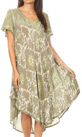 Sakkas Dalila Women's Midi A-line Short Sleeve Boho Swing Dress Cover-up Nightgown#color_Olive