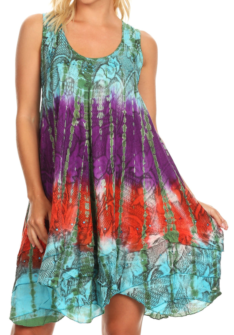 Sakkas Artemi Women's Casual Short Tie-dye Sleeveless Loose Tank Dress Cover-up