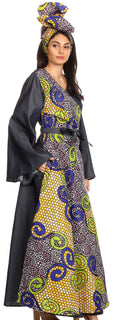 Sakkas Mica Women's Boho Maxi Loose Long Chambray African Wrap Dress with Pockets#color_137-YellowMulti 