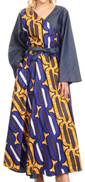 Sakkas Mica Women's Boho Maxi Loose Long Chambray African Wrap Dress with Pockets#color_418-Chambray-Blue/yellow 
