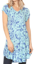 Sakkas Xoana Women's Casual Cap Sleeve V-neck Flare Loose Boho Swing Short Dress#color_Turquoise