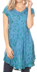 Sakkas Xoana Women's Casual Cap Sleeve V-neck Flare Loose Boho Swing Short Dress#color_Green/Blue