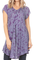 Sakkas Xoana Women's Casual Cap Sleeve V-neck Flare Loose Boho Swing Short Dress#color_Purple