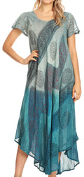Sakkas Jonna Women's Short Sleeve Maxi Tie Dye Batik Long Casual Dress#color_19240-Turquoise