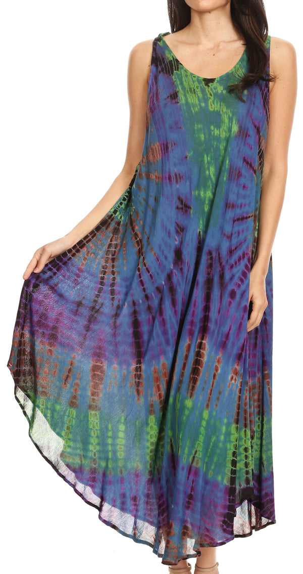 Sakkas Neja Women's Casual Maxi Summer Sleeveless Loose Fit Tie Dye Tank Dress #color_17009-C1