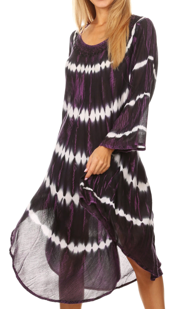 Sakkas Dori Women's Long Sleeves Casual Loose Swing Midi Dress Caftan Cover-up #color_19261-Black
