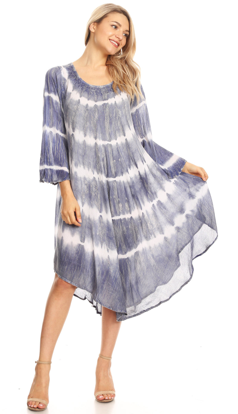 Sakkas Dori Women's Long Sleeves Casual Loose Swing Midi Dress Caftan Cover-up