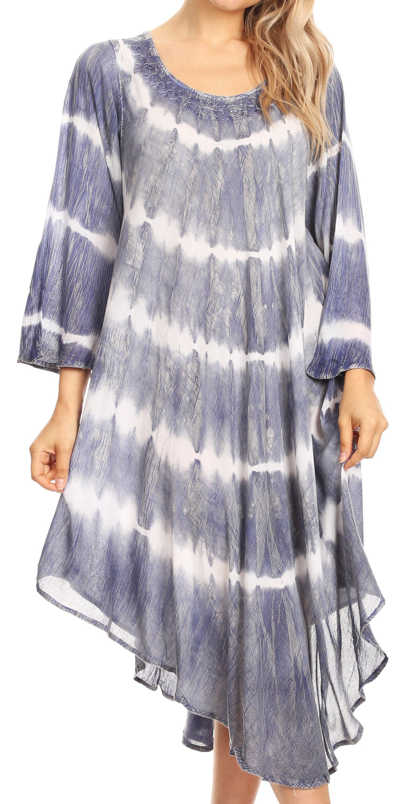 Sakkas Dori Women's Long Sleeves Casual Loose Swing Midi Dress Caftan Cover-up