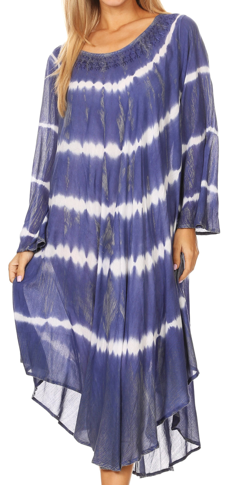 Sakkas Dori Women's Long Sleeves Casual Loose Swing Midi Dress Caftan Cover-up