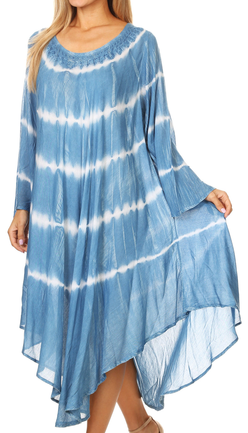 Sakkas Dori Women's Long Sleeves Casual Loose Swing Midi Dress Caftan Cover-up