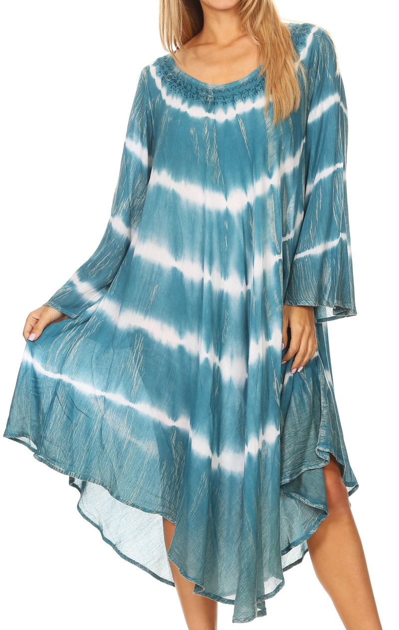 Sakkas Dori Women's Long Sleeves Casual Loose Swing Midi Dress Caftan Cover-up
