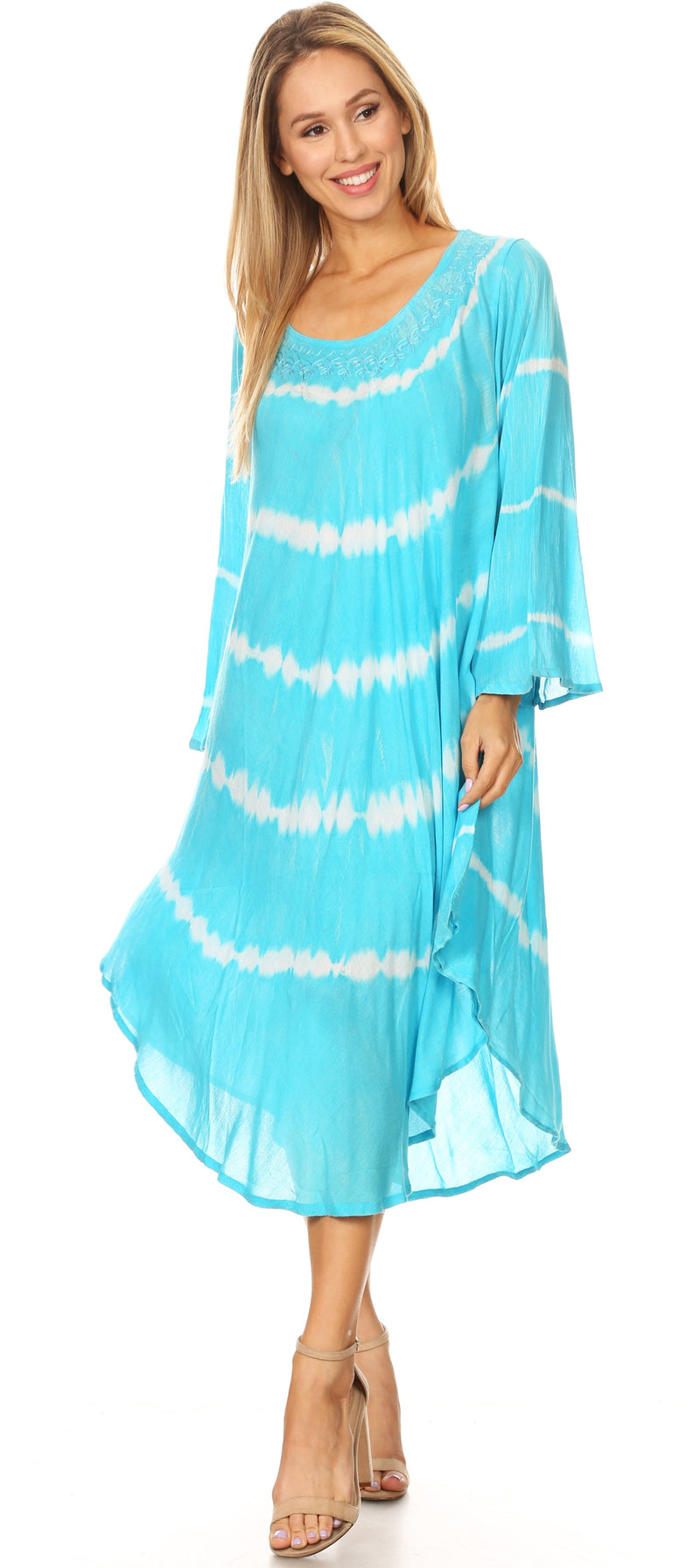 Sakkas Dori Women's Long Sleeves Casual Loose Swing Midi Dress Caftan Cover-up