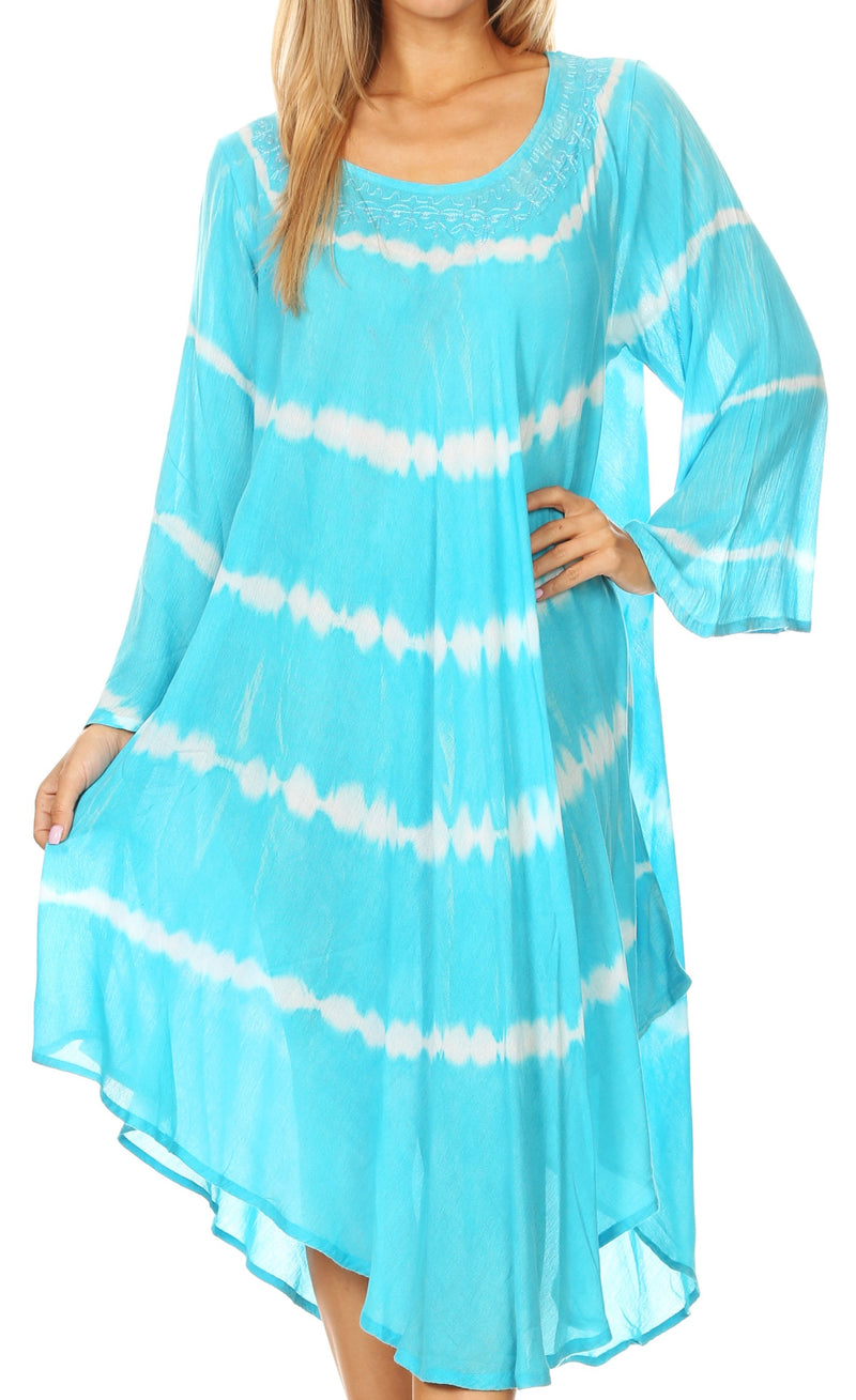 Sakkas Dori Women's Long Sleeves Casual Loose Swing Midi Dress Caftan Cover-up