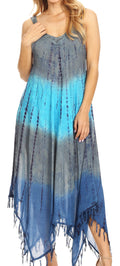 Sakkas Lupe Women's Casual Summer Fringe Maxi Loose V-neck High-low Dress Cover-up#color_19282-SteelBlue 