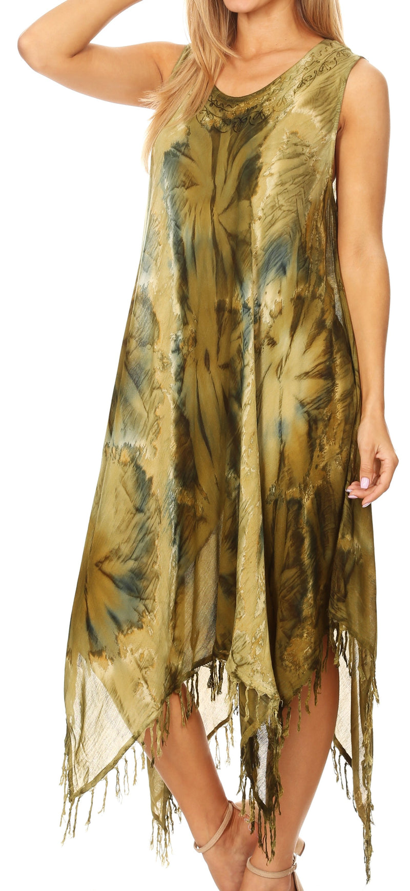 Sakkas Lara Women's Casual Fringe Loose Maxi Sleeveless Dress Caftan Cover-up
