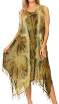 Sakkas Lara Women's Casual Fringe Loose Maxi Sleeveless Dress Caftan Cover-up#color_19284-Olive