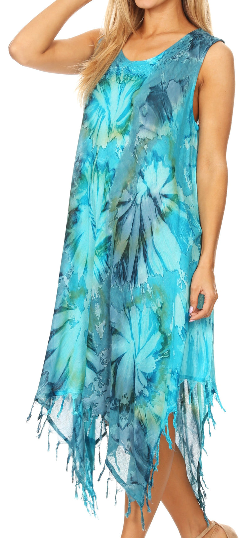 Sakkas Lara Women's Casual Fringe Loose Maxi Sleeveless Dress Caftan Cover-up