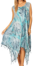 Sakkas Lara Women's Casual Fringe Loose Maxi Sleeveless Dress Caftan Cover-up#color_19284-TurquoiseGrey