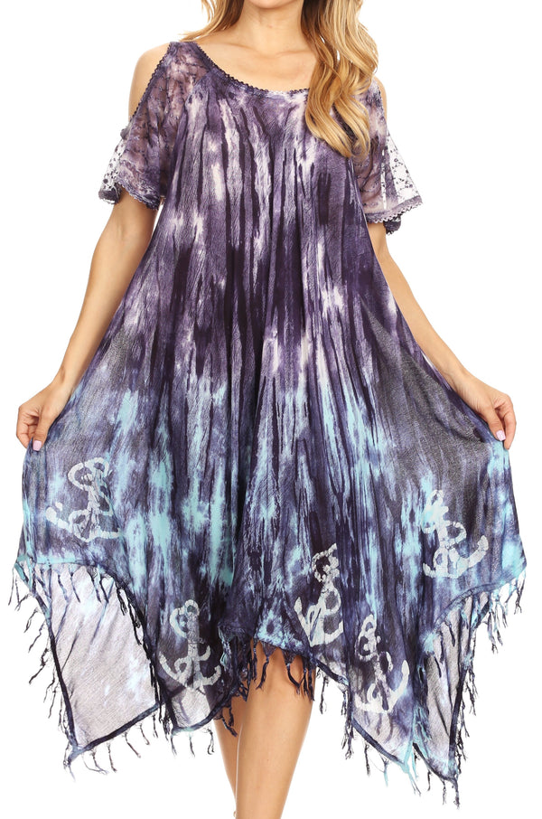 Sakkas Flo Women's Cold Shoulder Loose Fit Midi Casual Summer Dress Cover-up#color_19287-Navy
