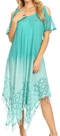 Sakkas Flo Women's Cold Shoulder Loose Fit Midi Casual Summer Dress Cover-up#color_SeaGreen
