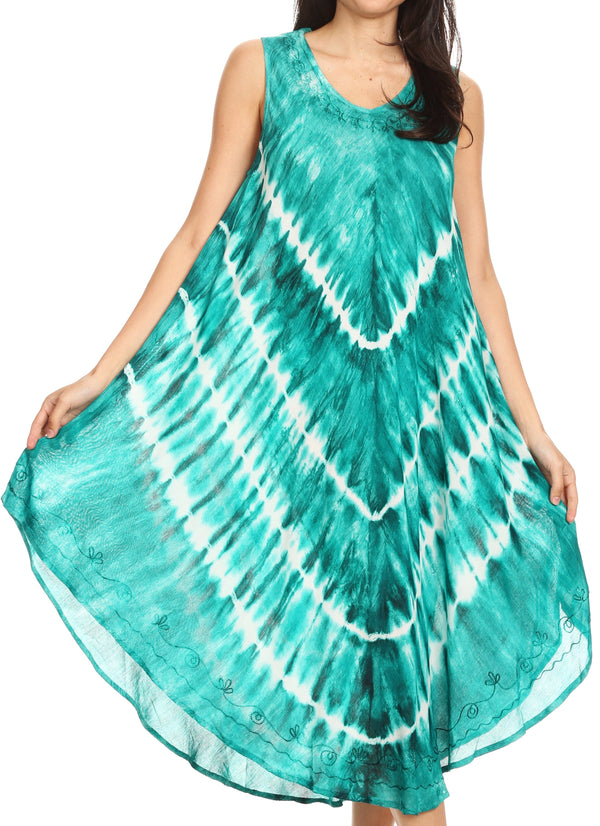 Sakkas Ambra Women's Casual Maxi Tie Dye Sleeveless Loose Tank Cover-up Dress#color_19300-EmeraldGreen