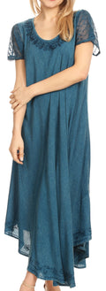 Sakkas Dalida Women's Short Sleeve Corset Tie dye Embroidered Flared Dress#color_19244-DarkTeal
